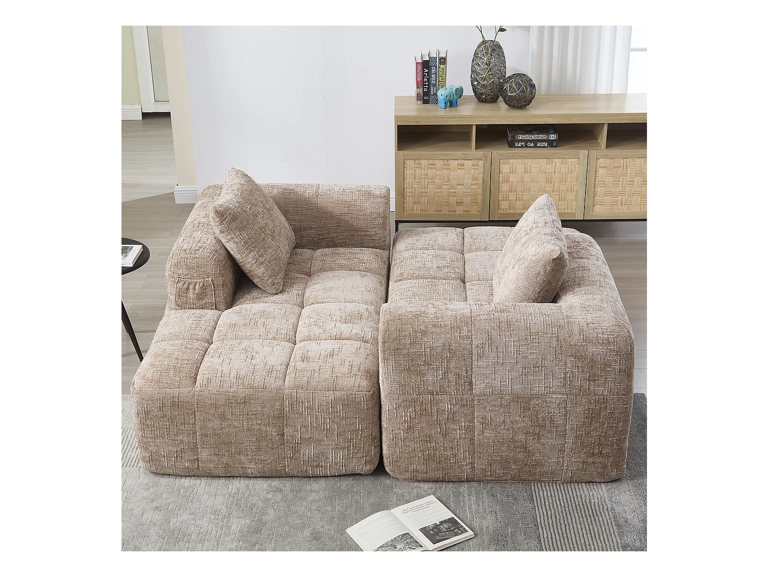 Divano angolare color cachi - Divano dritto con tasche portaoggetti e 3 cuscini - con chaise longue e braccioli