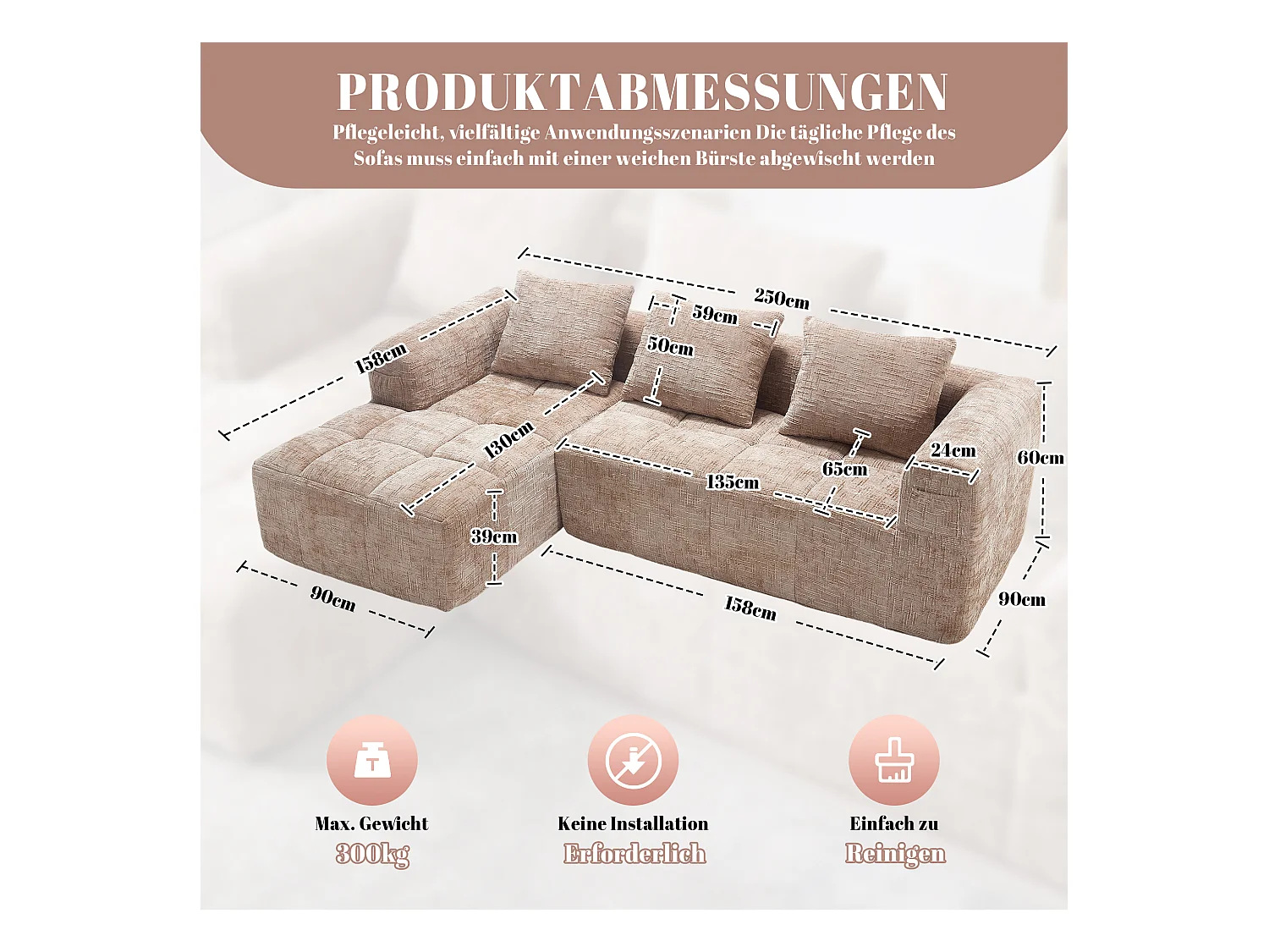 Divano angolare color cachi - Divano dritto con tasche portaoggetti e 3 cuscini - con chaise longue e braccioli