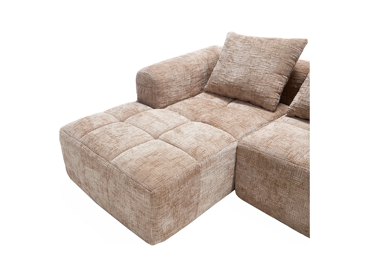 Divano angolare color cachi - Divano dritto con tasche portaoggetti e 3 cuscini - con chaise longue e braccioli