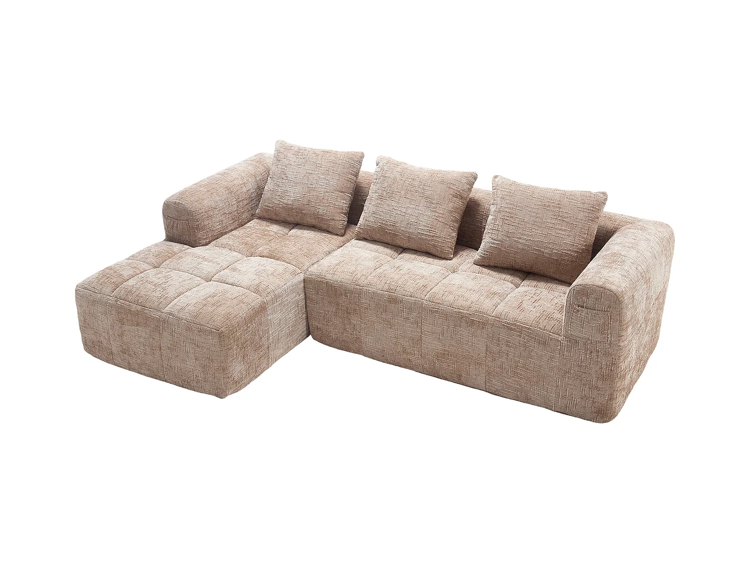 Divano angolare color cachi - Divano dritto con tasche portaoggetti e 3 cuscini - con chaise longue e braccioli