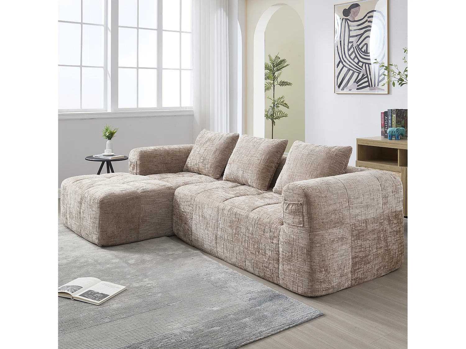 Canapé d'angle kaki - Canapé droit avec poches de rangement et 3 coussins - avec méridienne et accoudoirs