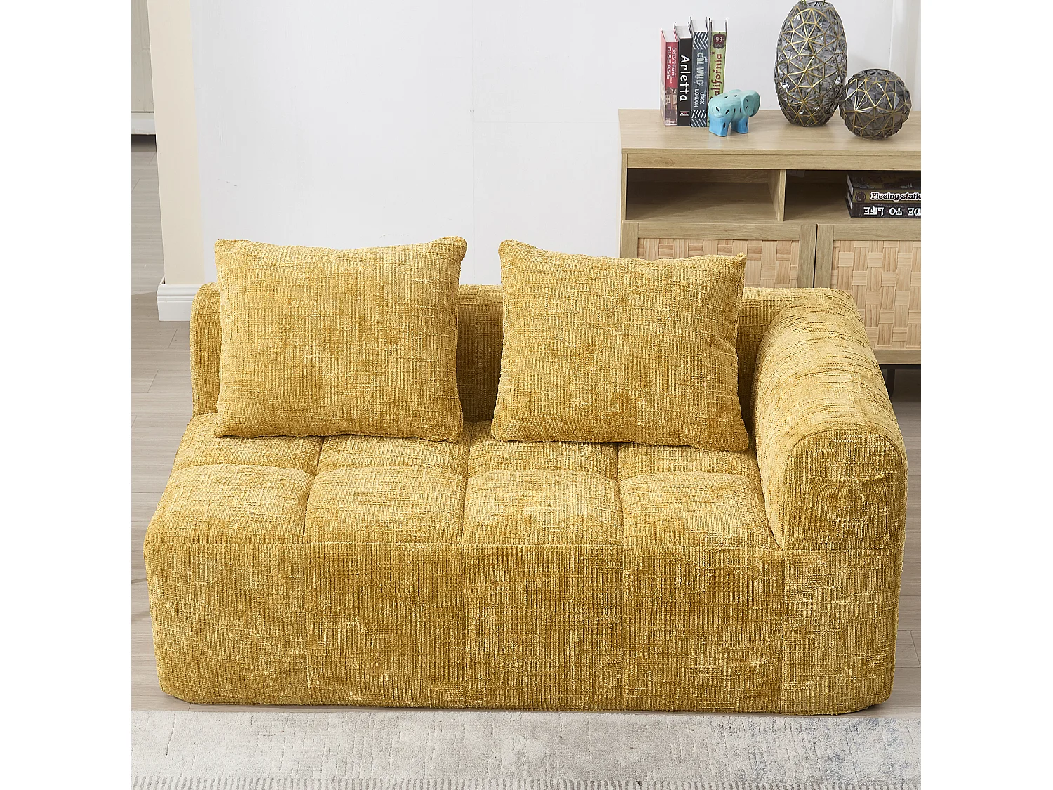 Gele 2-zitsbank - Rechte bank met kussens en opbergvakken - chenille - sneeuwpatroon