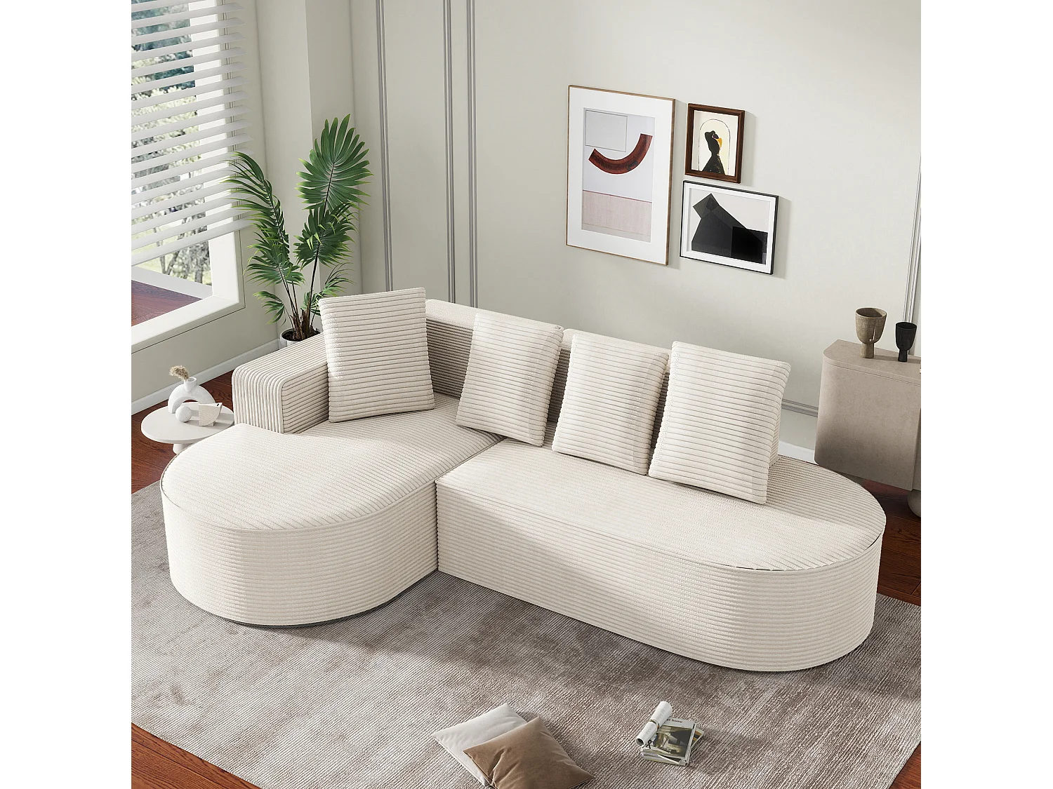 Canapé d'angle droit - Canapé avec 4 coussins - design nuage simple - velours côtelé blanc