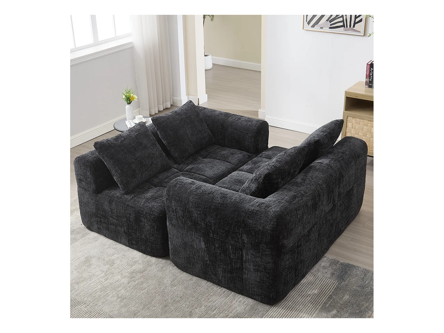 Canapé d'angle noir - Canapé droit avec poches de rangement et 3 coussins - avec méridienne et accoudoirs