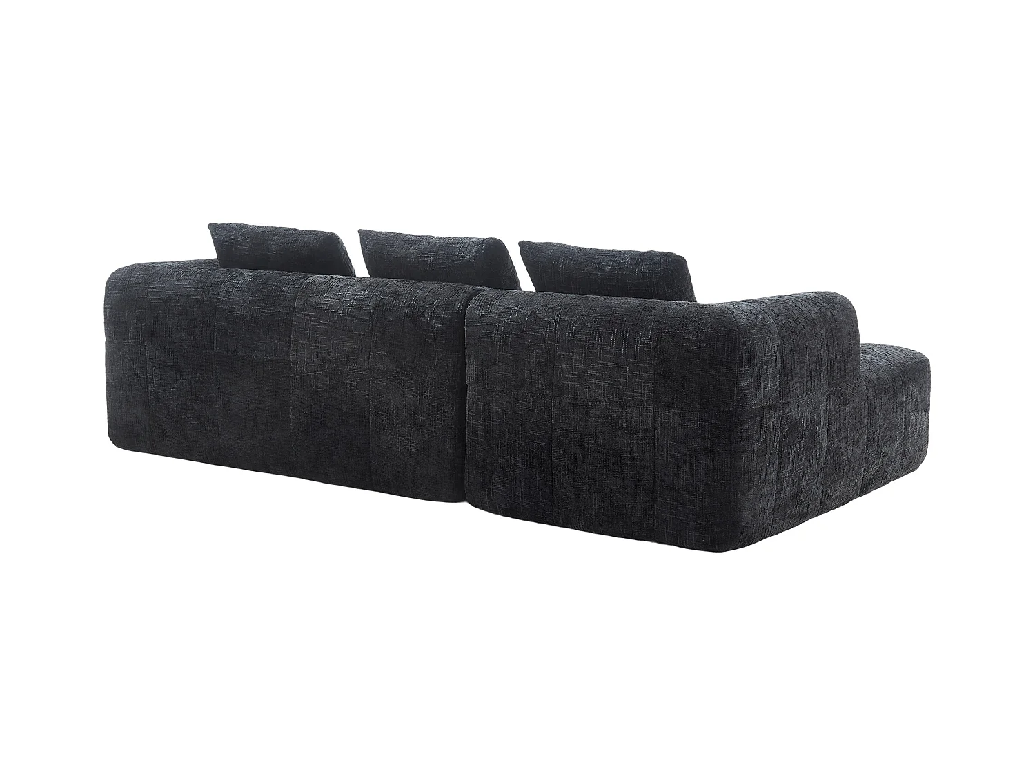 Canapé d'angle noir - Canapé droit avec poches de rangement et 3 coussins - avec méridienne et accoudoirs