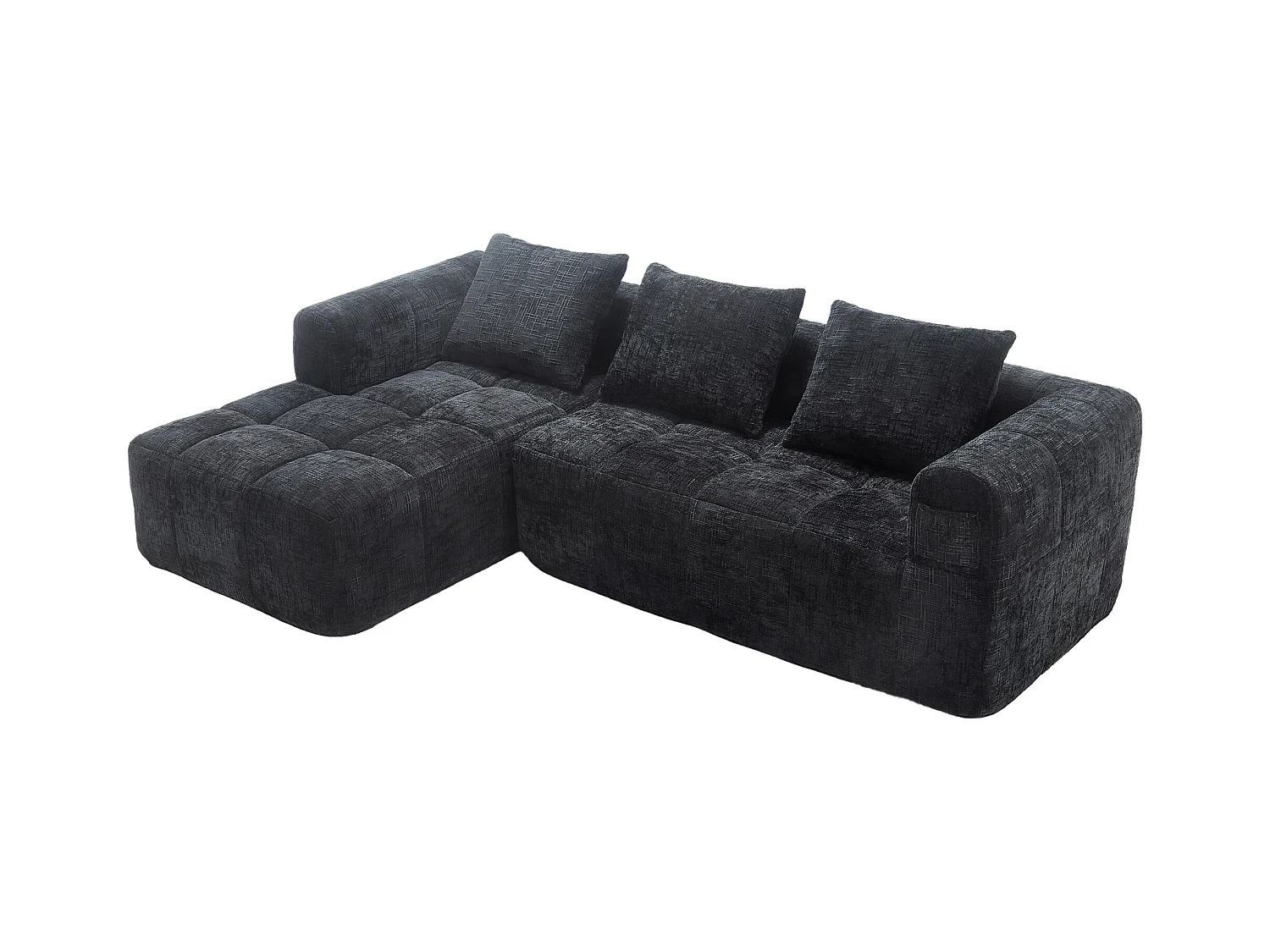 Canapé d'angle noir - Canapé droit avec poches de rangement et 3 coussins - avec méridienne et accoudoirs