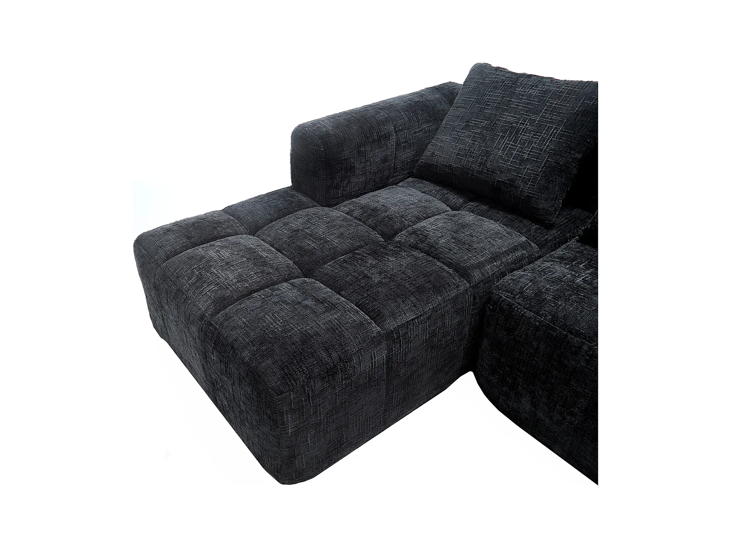 Canapé d'angle noir - Canapé droit avec poches de rangement et 3 coussins - avec méridienne et accoudoirs