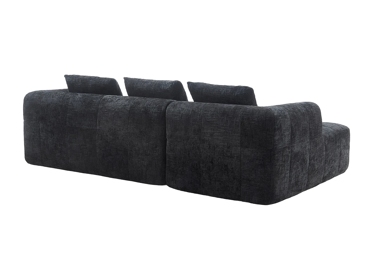 Canapé d'angle noir - Canapé droit avec poches de rangement et 3 coussins - avec méridienne et accoudoirs