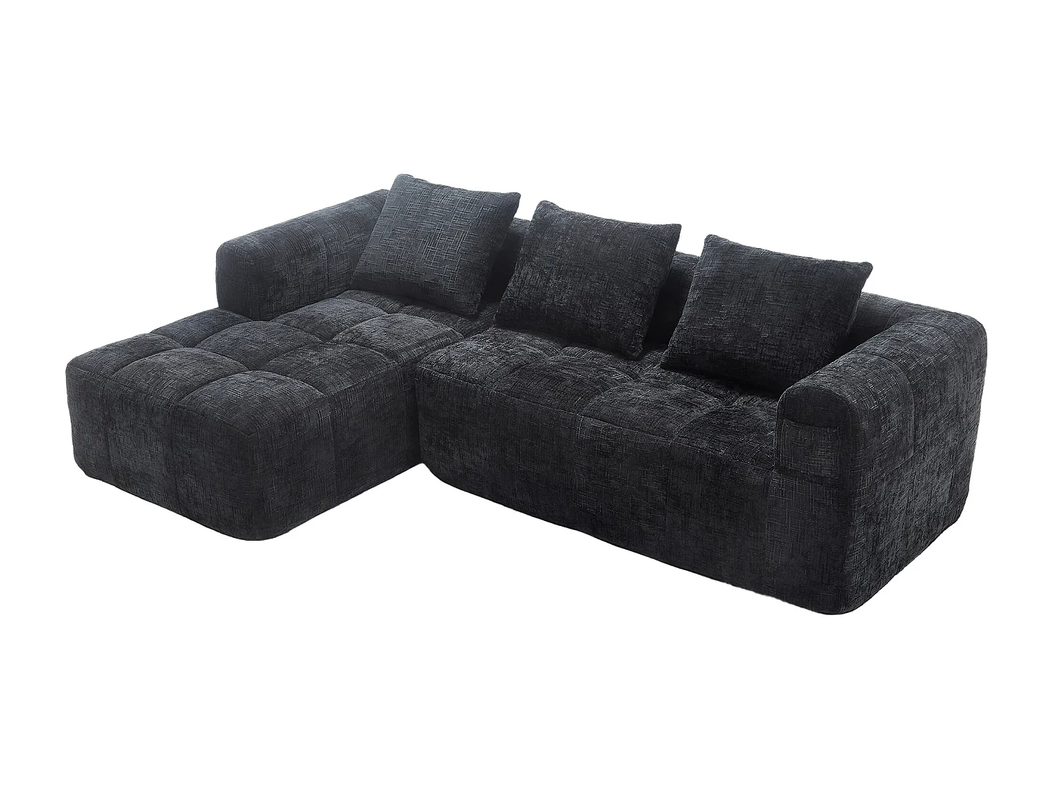 Canapé d'angle noir - Canapé droit avec poches de rangement et 3 coussins - avec méridienne et accoudoirs