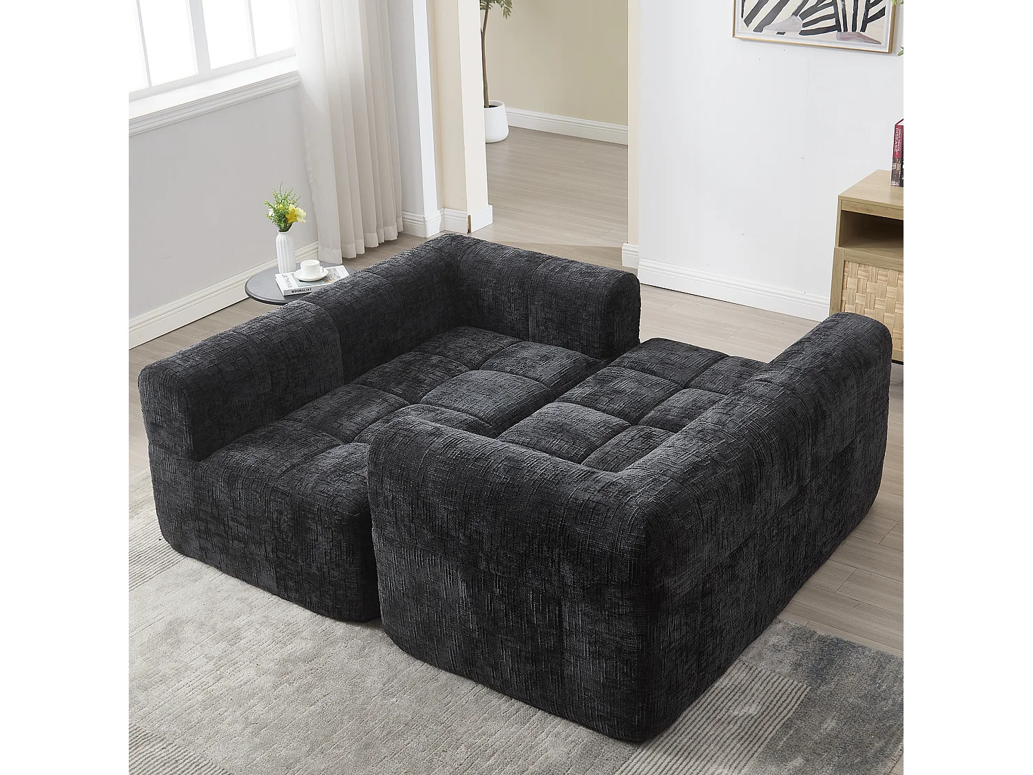 Czarna sofa 2-osobowa - prosta sofa z poduszkami i kieszeniami - szenil - wzór śniegu