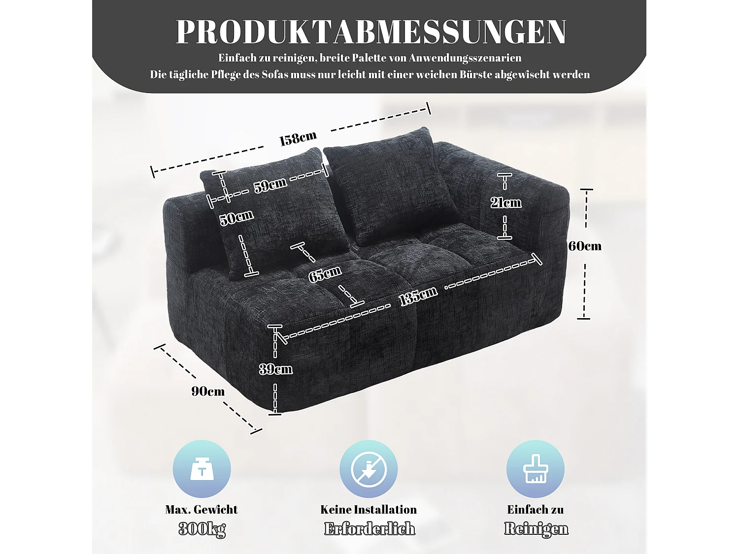 Czarna sofa 2-osobowa - prosta sofa z poduszkami i kieszeniami - szenil - wzór śniegu