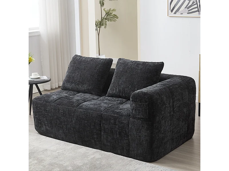 Sofá negro de 2 plazas - Sofá recto con cojines y bolsillos de almacenamiento - estampado nieve