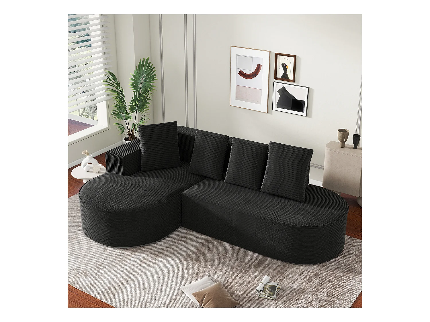 Canapé d'angle droit - Canapé avec 4 coussins - design nuage simple - velours côtelé blanc