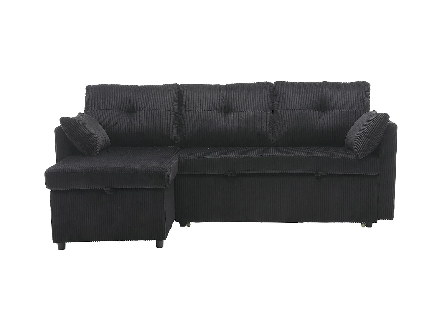 Canapé d'angle droit - Canapé avec coussins et assise coffre - poches latérales de rangement - noir