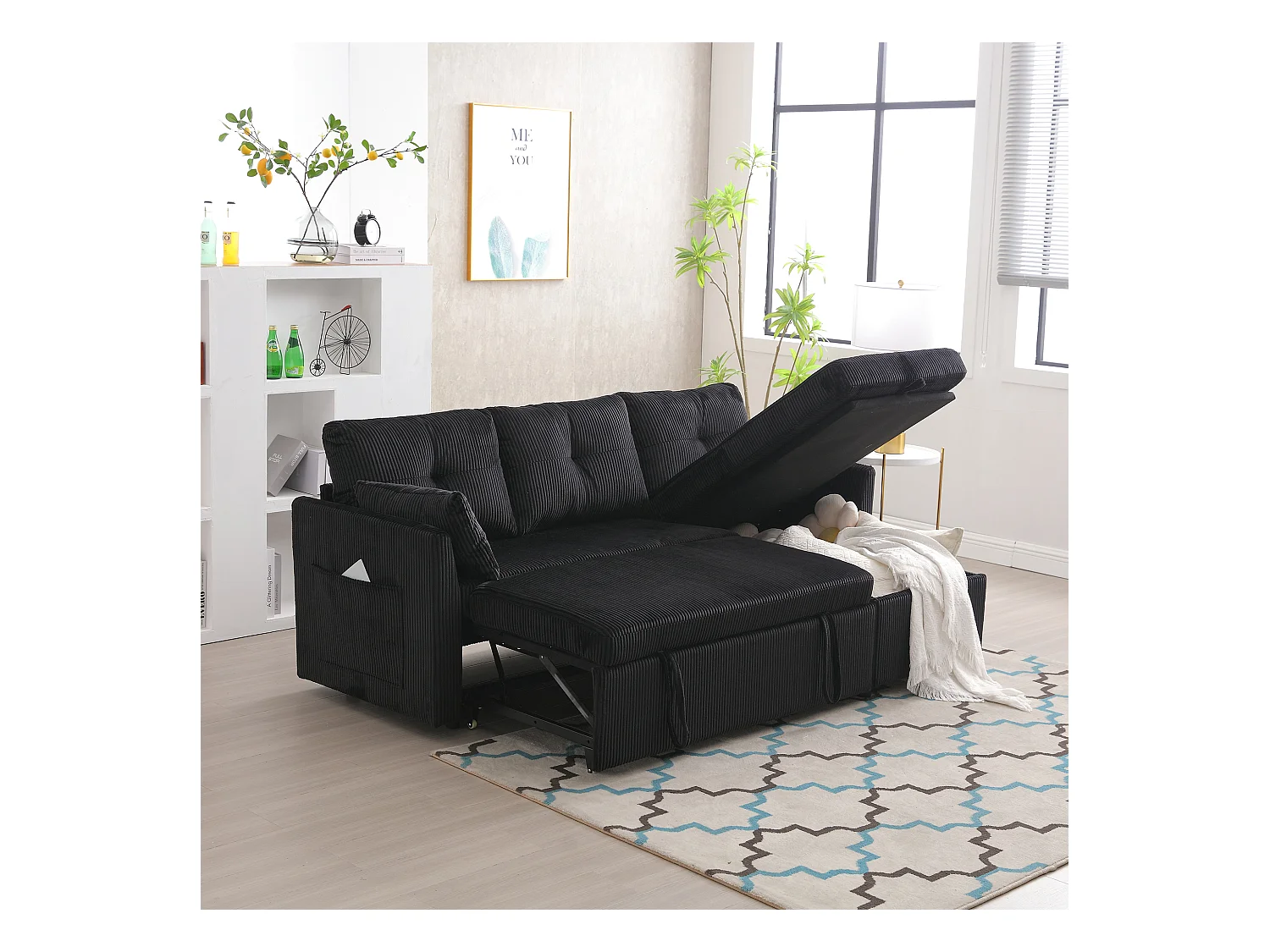 Canapé d'angle droit - Canapé avec coussins et assise coffre - poches latérales de rangement - noir