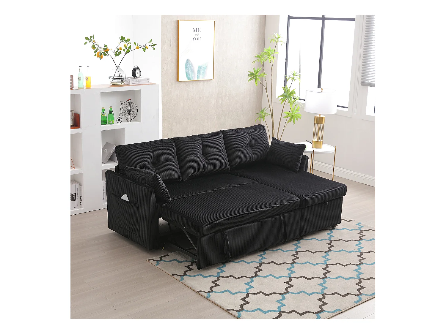 Canapé d'angle droit - Canapé avec coussins et assise coffre - poches latérales de rangement - noir