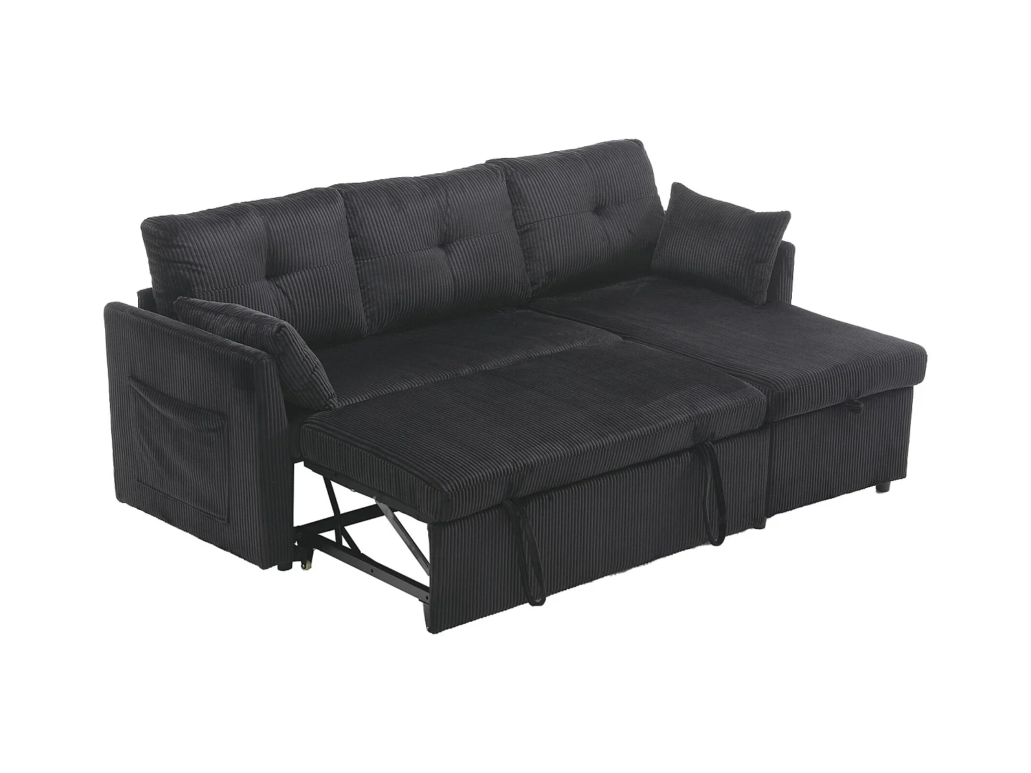 Canapé d'angle droit - Canapé avec coussins et assise coffre - poches latérales de rangement - noir