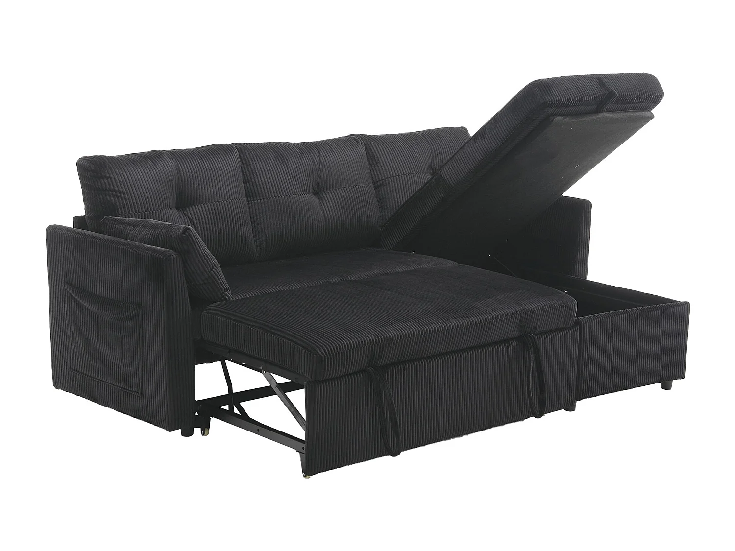 Canapé d'angle droit - Canapé avec coussins et assise coffre - poches latérales de rangement - noir