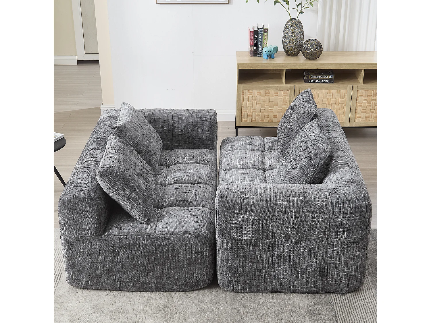 Canapé 2 places gris - Canapé droit avec Coussins et Poches de Rangement - motif neige