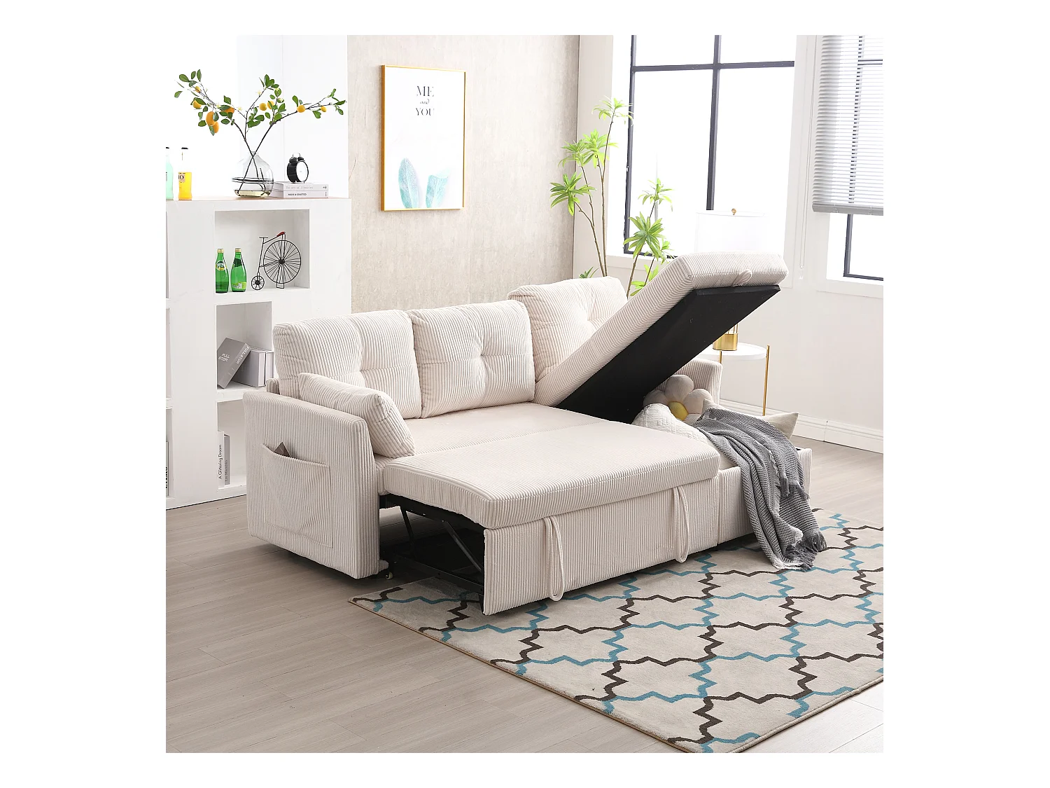 Canapé d'angle droit - Canapé avec coussins et assise coffre - poches latérales de rangement - beige