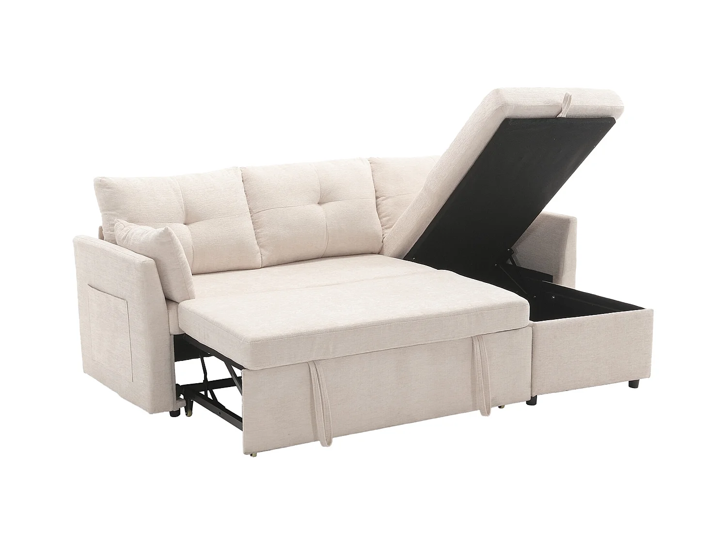 Canapé d'angle droit - Canapé avec coussins et assise coffre - poches latérales de rangement - beige