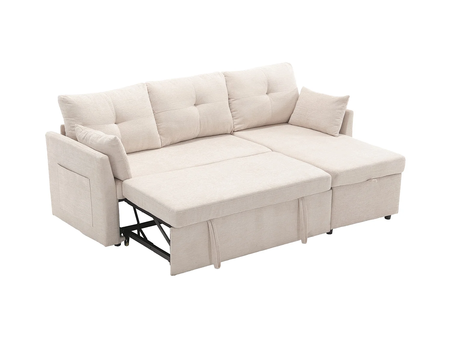 Canapé d'angle droit - Canapé avec coussins et assise coffre - poches latérales de rangement - beige