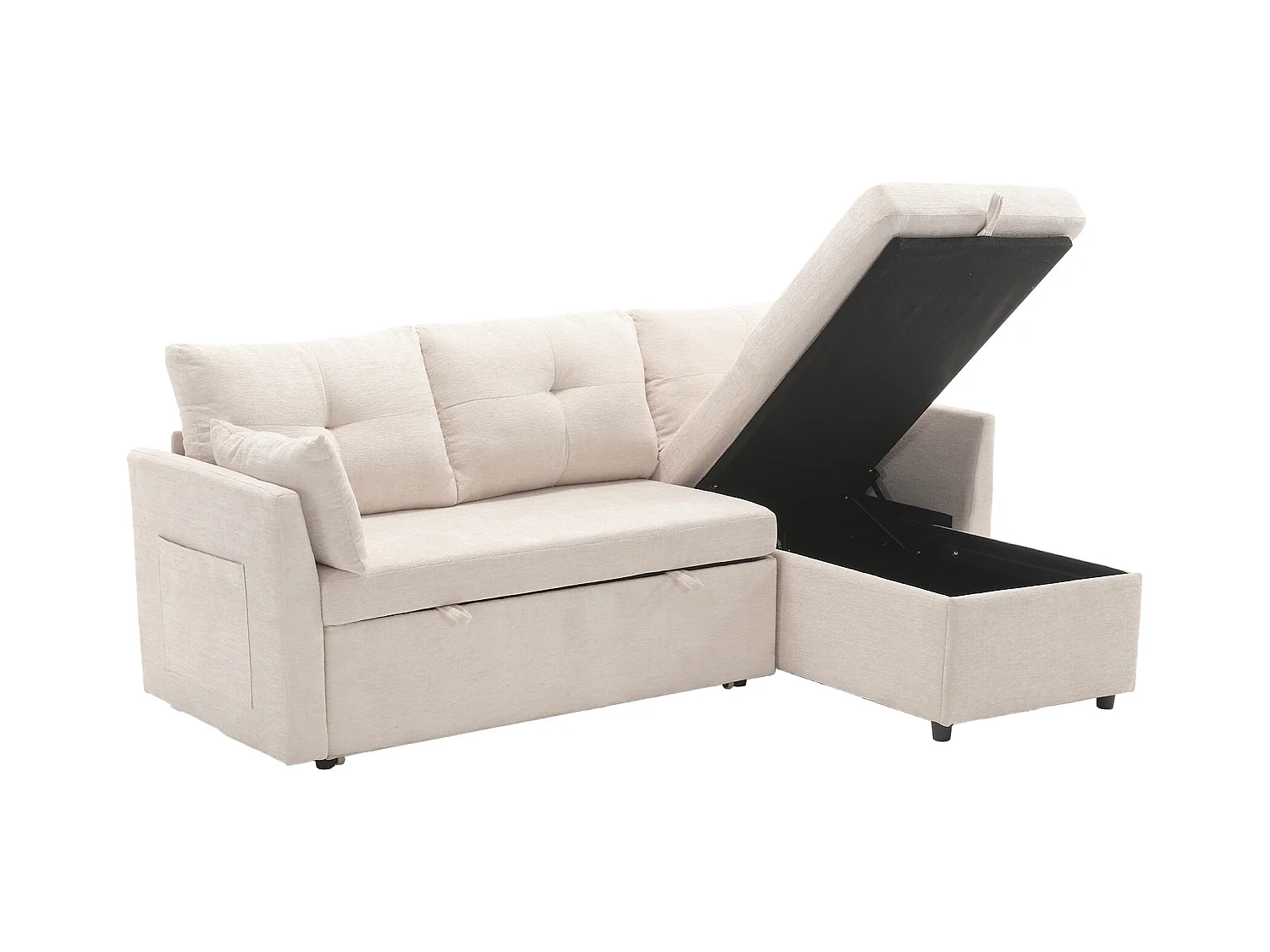 Canapé d'angle droit - Canapé avec coussins et assise coffre - poches latérales de rangement - beige