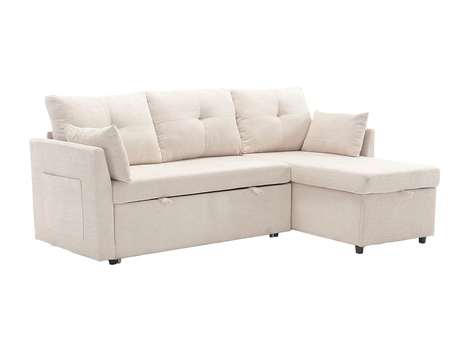 Canapé d'angle droit - Canapé avec coussins et assise coffre - poches latérales de rangement - beige