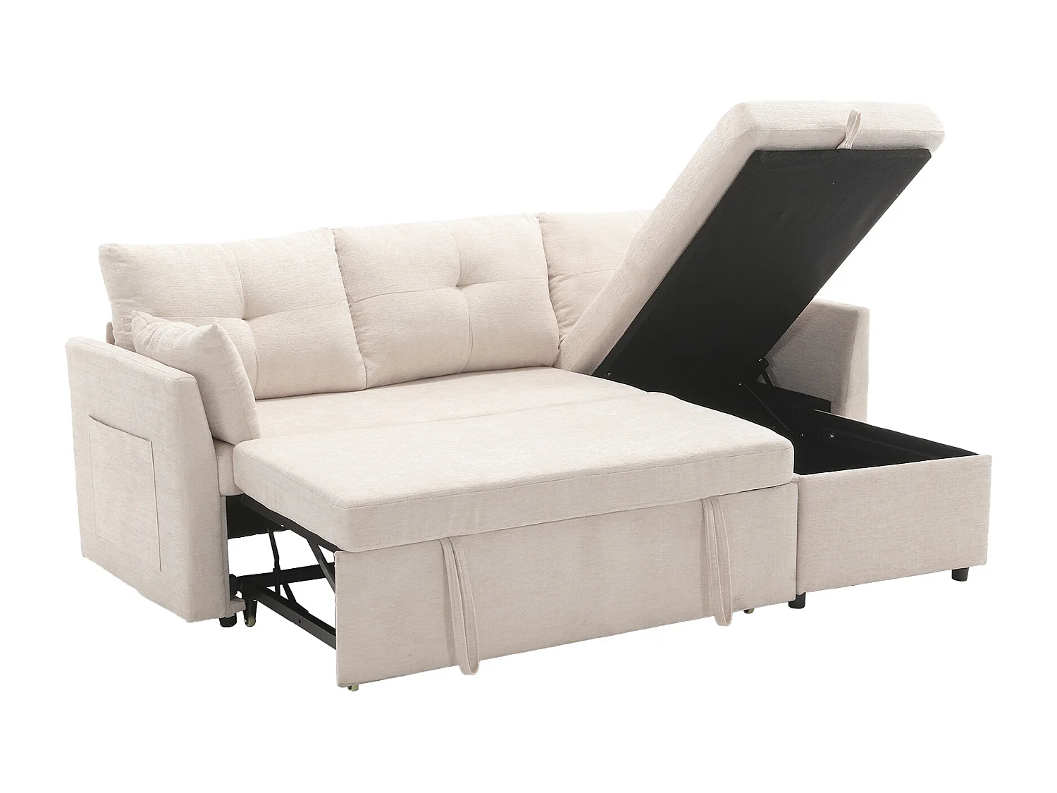 Canapé d'angle droit - Canapé avec coussins et assise coffre - poches latérales de rangement - beige