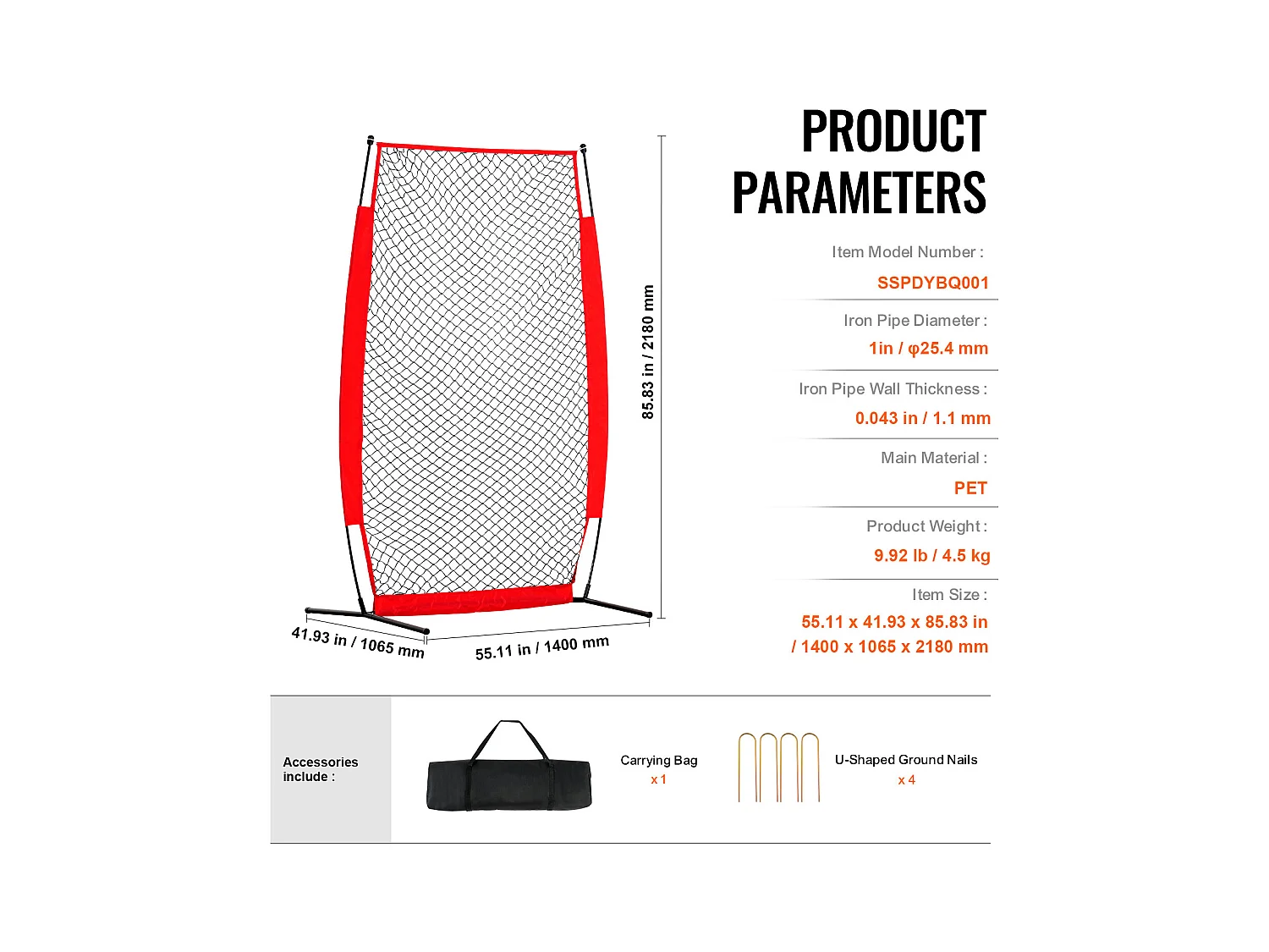 Filet de Baseball SucceBuy, 210 x 120cm, Filet de Frappeur Portable avec Sac de Transport et Piquets de Sol, Protection de Lancer pour Cage de Frappeur