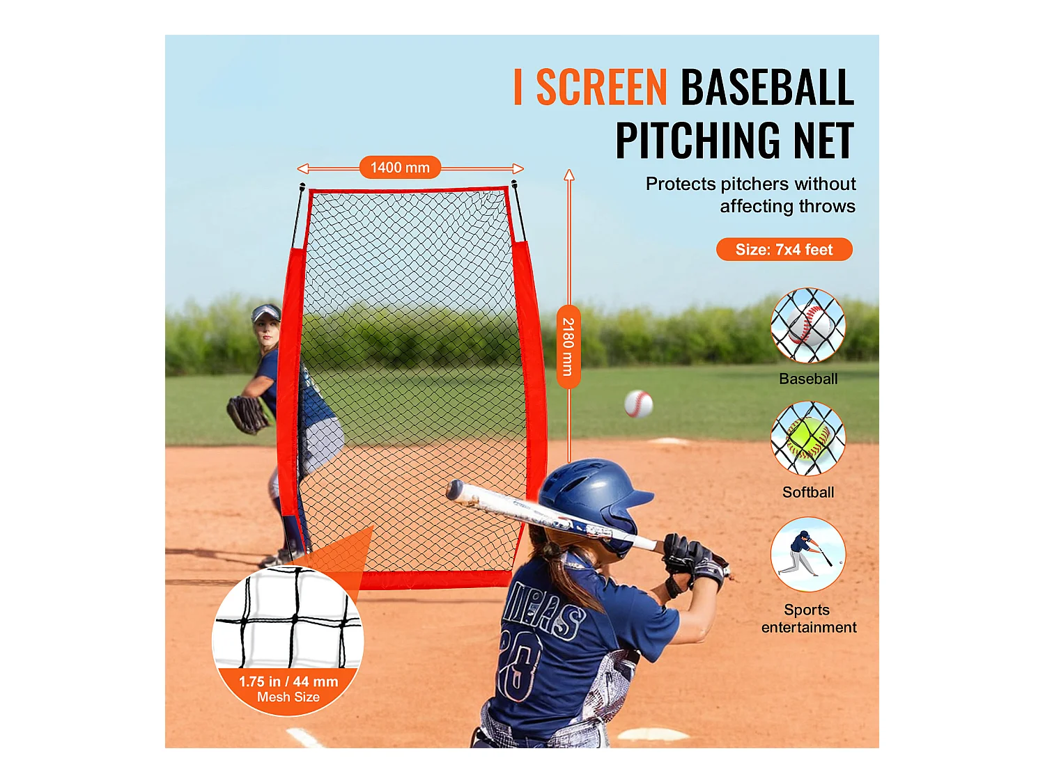 Filet de Baseball SucceBuy, 210 x 120cm, Filet de Frappeur Portable avec Sac de Transport et Piquets de Sol, Protection de Lancer pour Cage de Frappeur