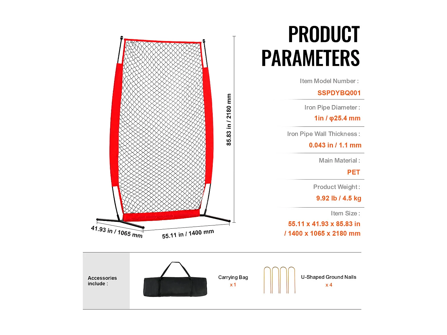 Filet de Baseball SucceBuy, 210 x 120cm, Filet de Frappeur Portable avec Sac de Transport et Piquets de Sol, Protection de Lancer pour Cage de Frappeur