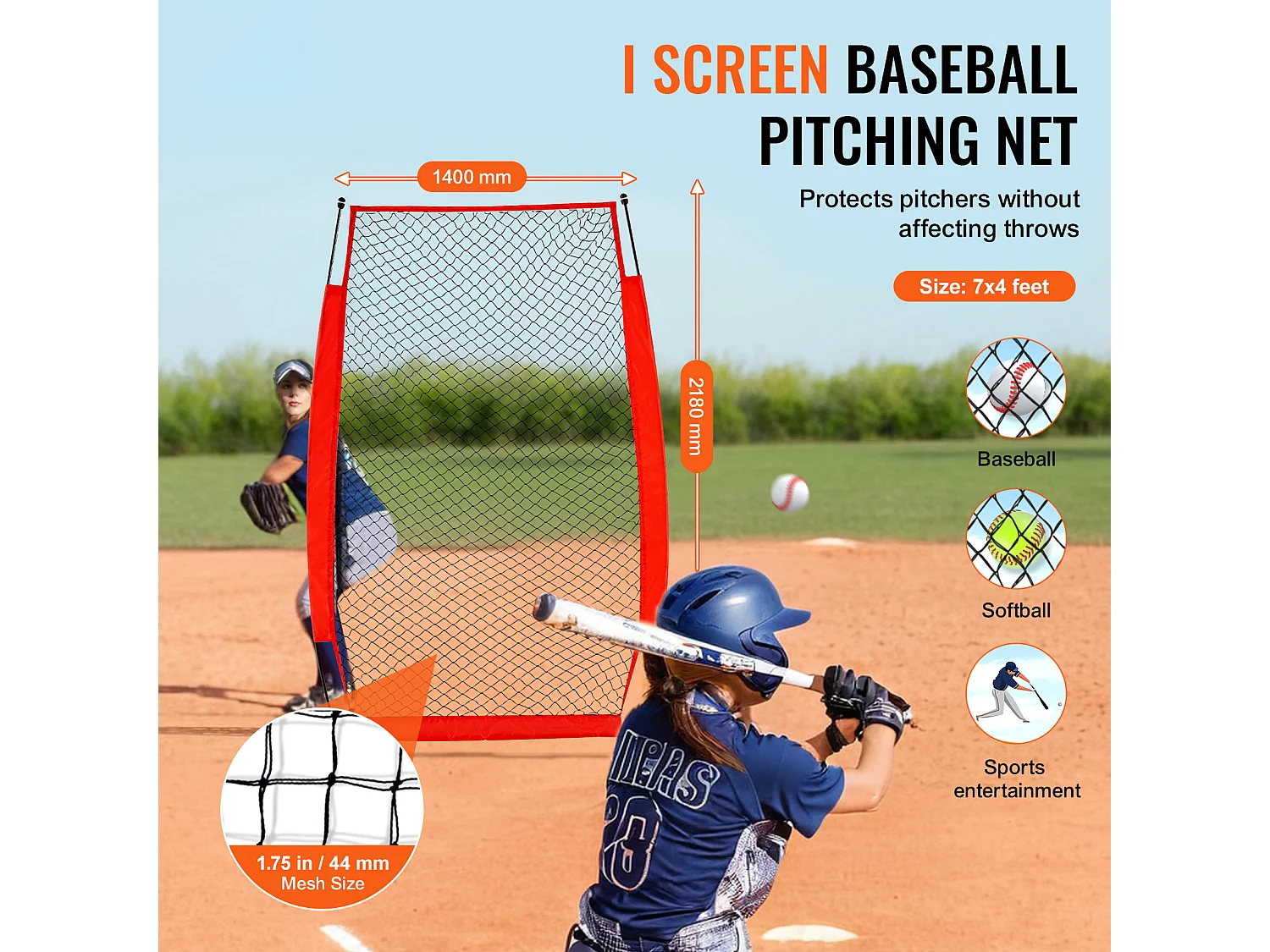 Filet de Baseball SucceBuy, 210 x 120cm, Filet de Frappeur Portable avec Sac de Transport et Piquets de Sol, Protection de Lancer pour Cage de Frappeur