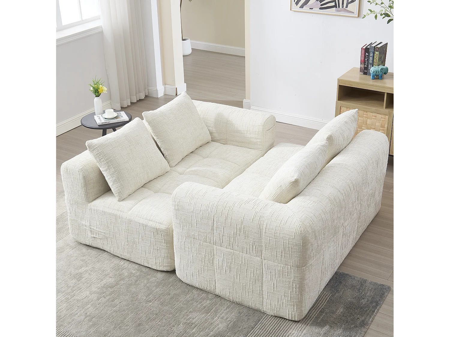 Canapé 2 places beige - Canapé droit avec Coussins et Poches de Rangement - motif neige