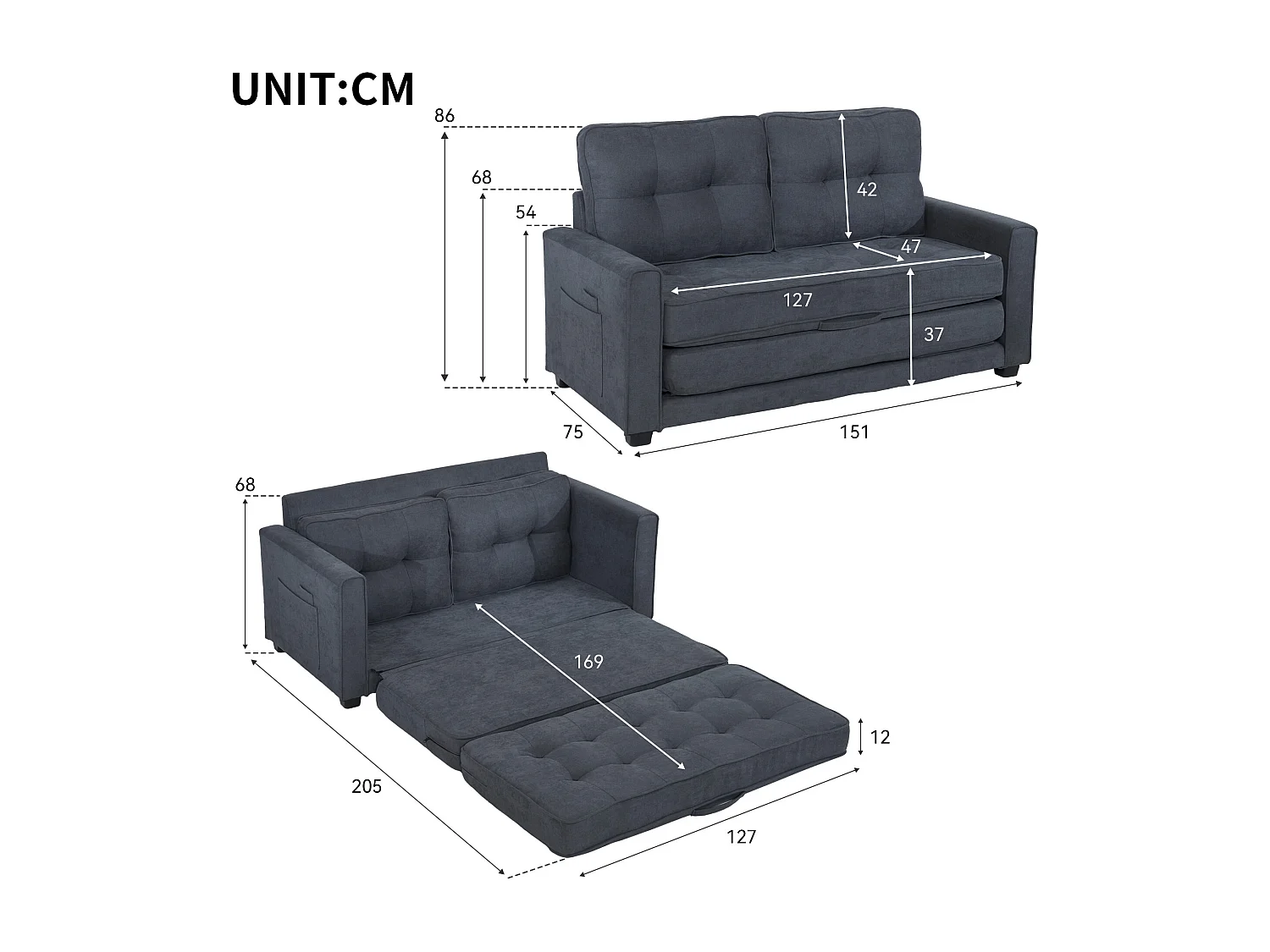 Canapé droit gris  - Canapé avec poches de rangement et coussins - pour le salon