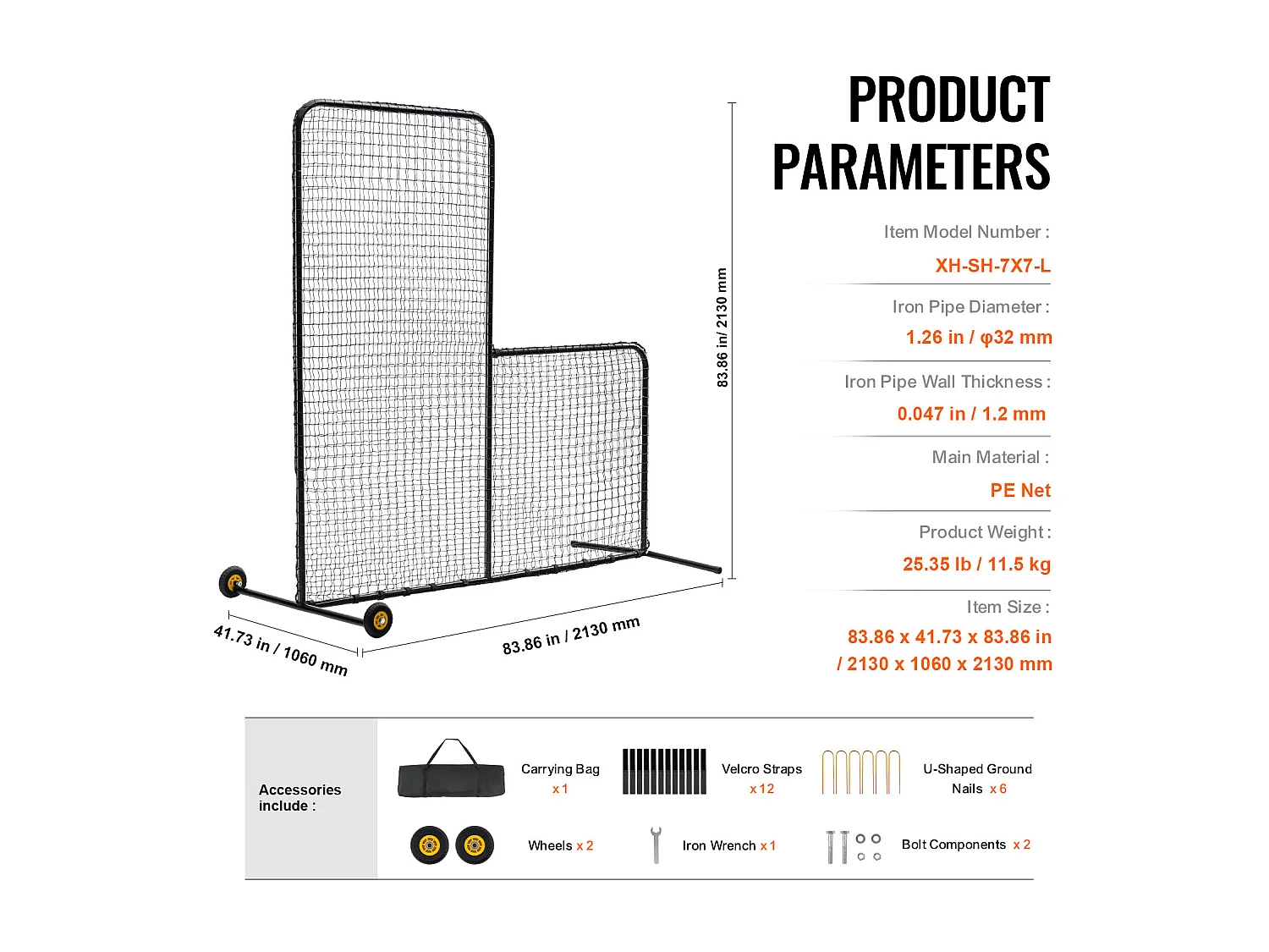Rete da Baseball SucceBuy, 210 x 210cm, Rete da Battuta Portatile a Forma di L con Borsa di Trasporto, Pioli da Terra, Protezione Lancio Robusta