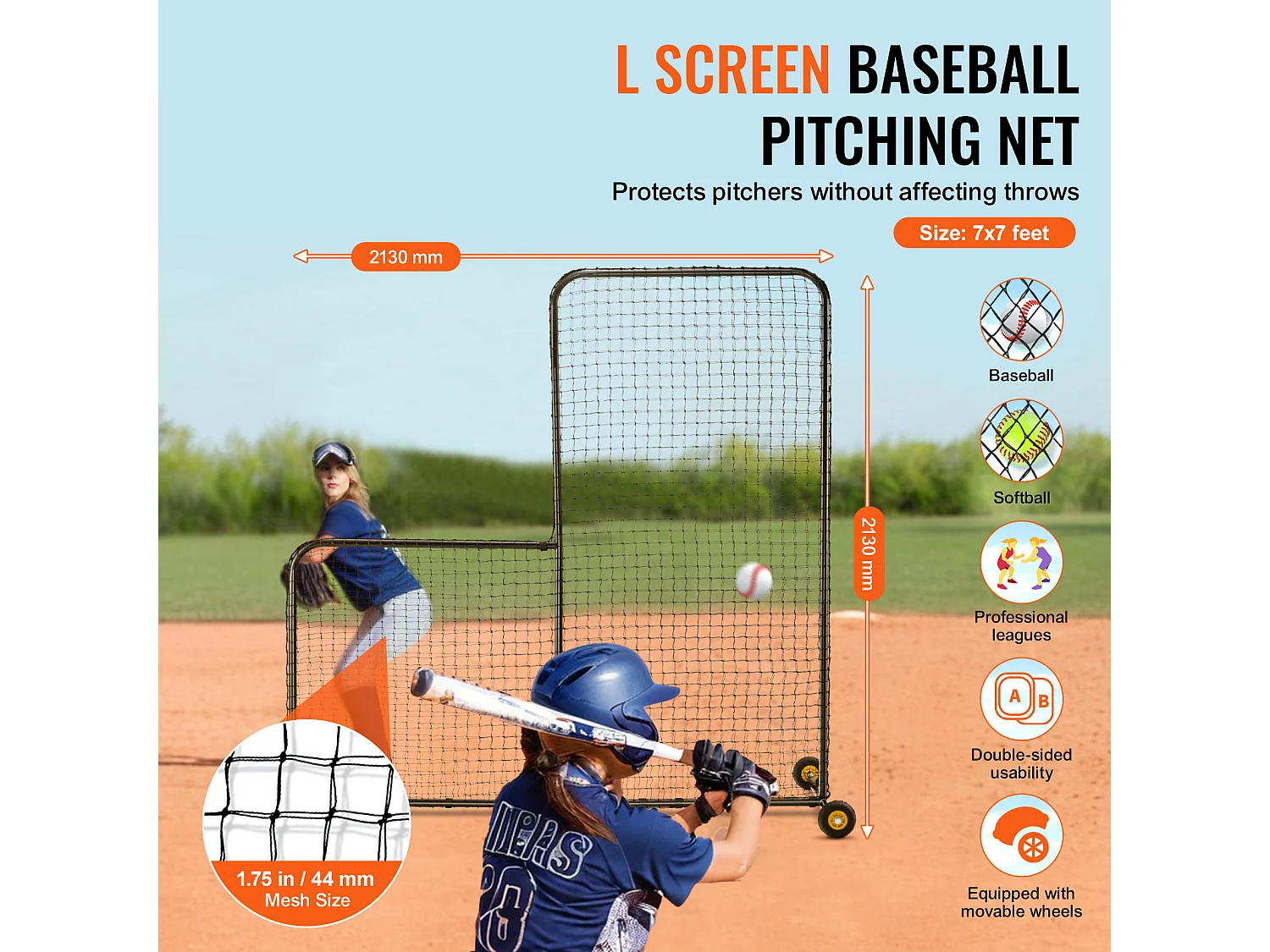 Rete da Baseball SucceBuy, 210 x 210cm, Rete da Battuta Portatile a Forma di L con Borsa di Trasporto, Pioli da Terra, Protezione Lancio Robusta