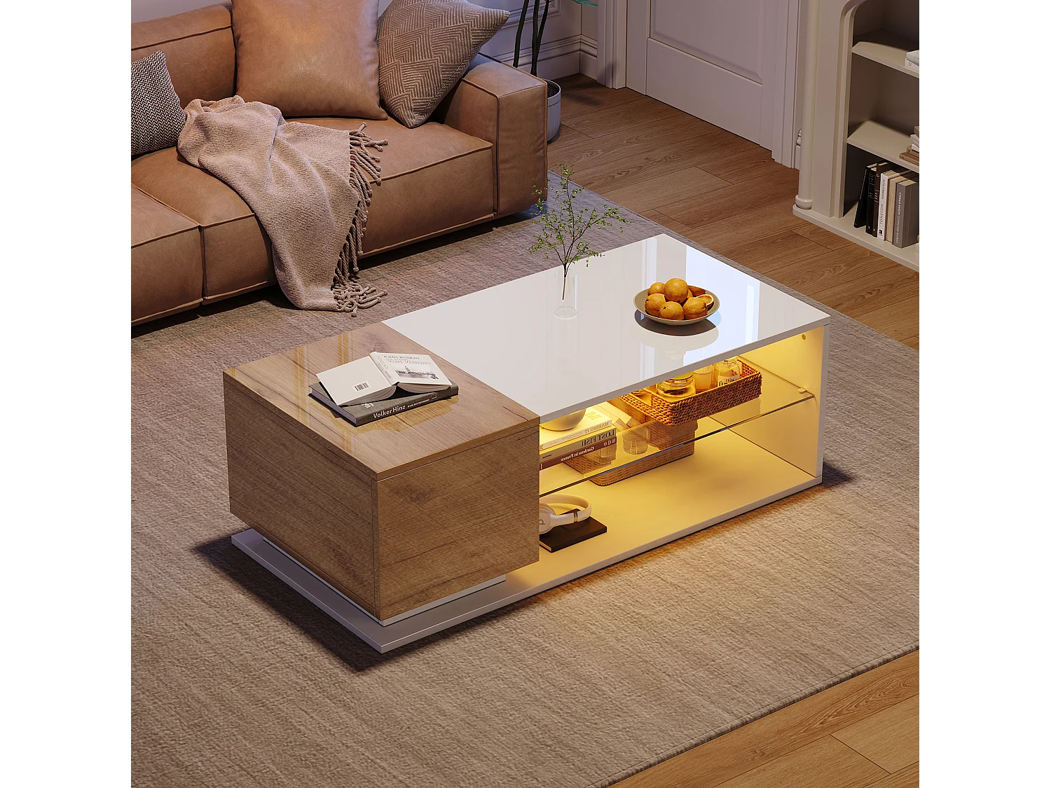 Mesa de centro retangular branca - Mesa de apoio com iluminação LED e 1 porta - espaço de arrumação aberto - para sala de estar