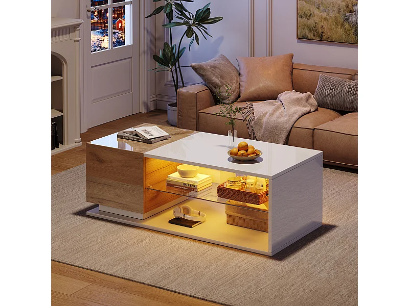 Mesa de centro retangular branca - Mesa de apoio com iluminação LED e 1 porta - espaço de arrumação aberto - para sala de estar