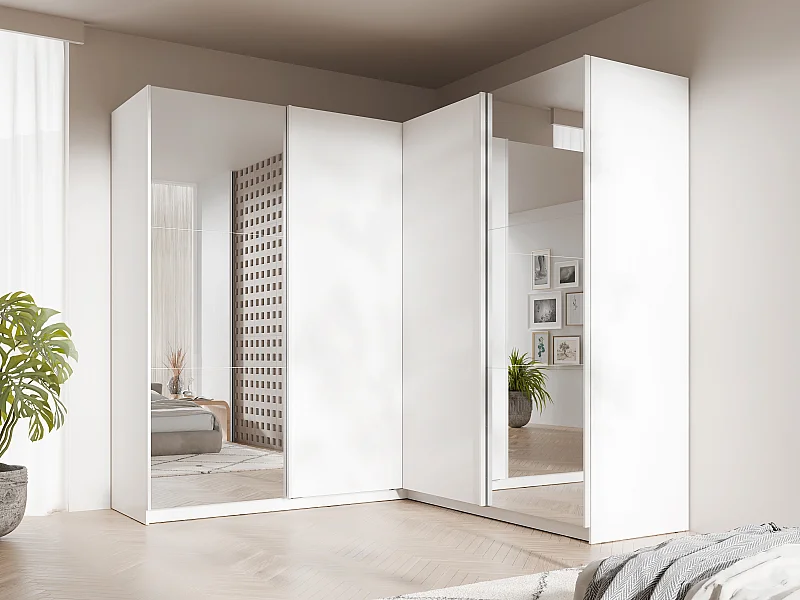 Armoire d'angle 4 portes - Avec miroir - L211 cm - Blanc - LEDORMA