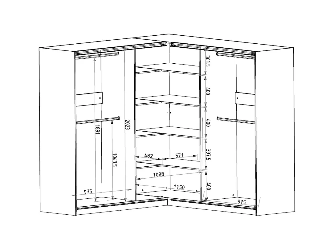 Hjørnegarderobe 4 dører - Med speil - B211 cm - Hvit - LEDORMA
