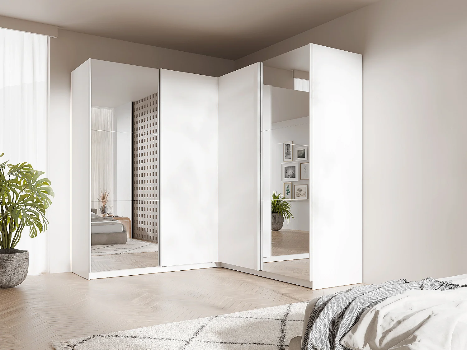 Armoire d'angle 4 portes - Avec miroir - L211 cm - Blanc - LEDORMA