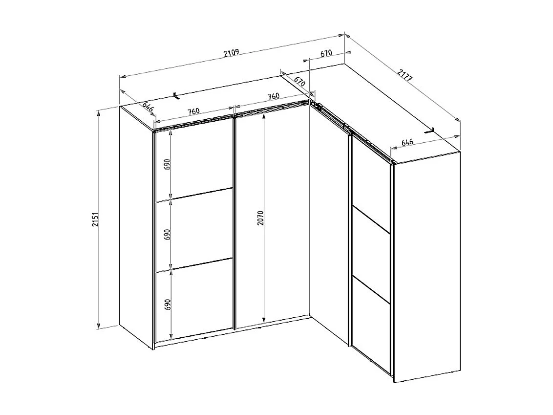 Hjørnegarderobe 4 dører - Med speil - B211 cm - Hvit - LEDORMA