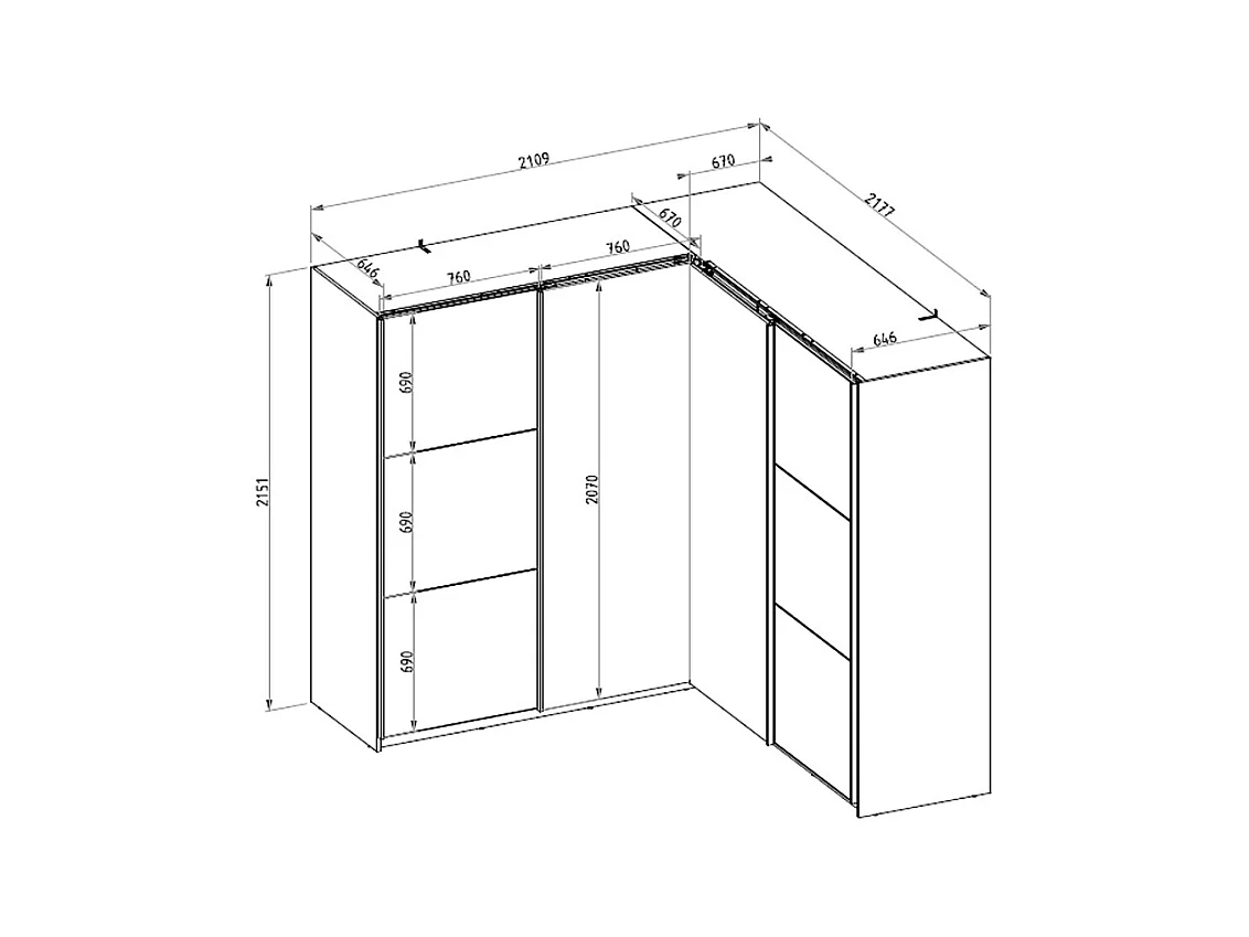 Armario esquinero 4 puertas - Con espejo - An211 cm - Blanco - LEDORMA