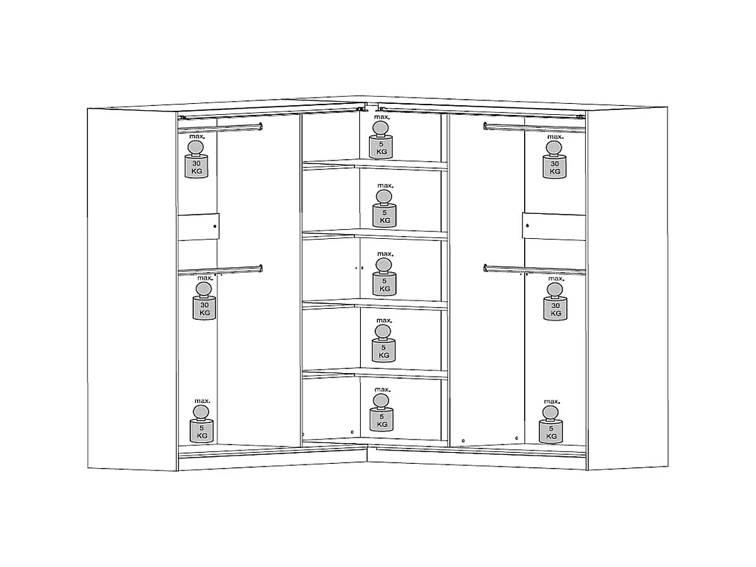 Armario esquinero 4 puertas - Con espejo - An211 cm - Blanco - LEDORMA