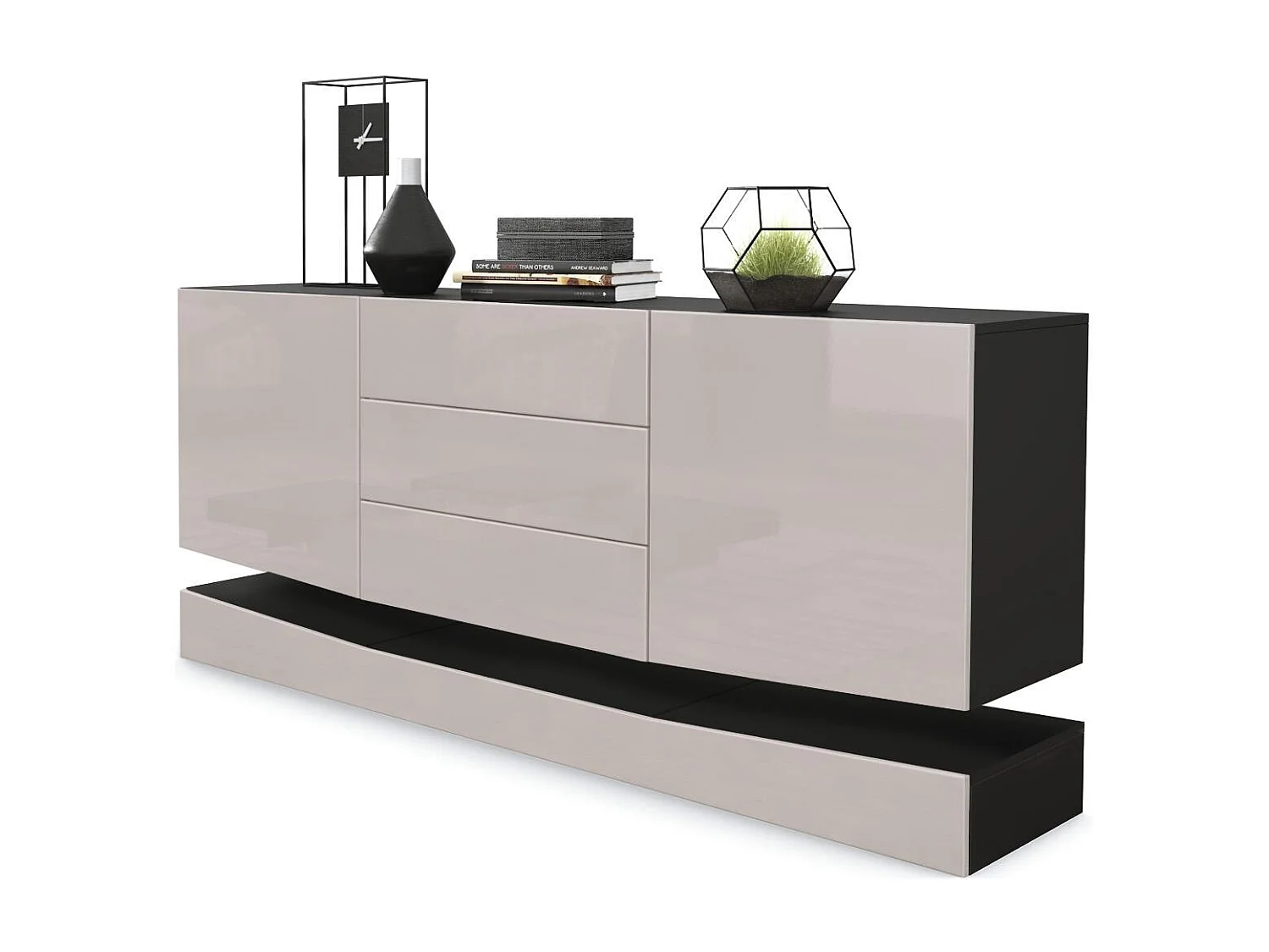 Sideboard City, noir mat/gris sable haute brillance - Commode moderne pour votre salon (178 x 72 x 38 cm)