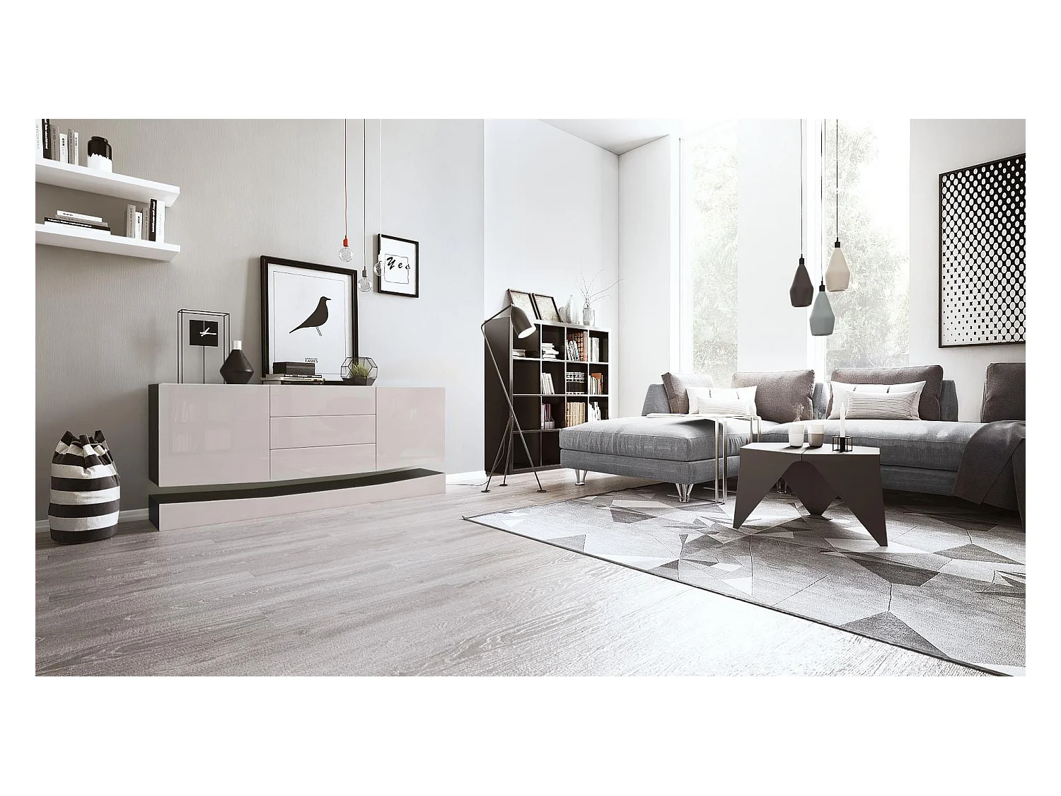 Sideboard City, noir mat/gris sable haute brillance - Commode moderne pour votre salon (178 x 72 x 38 cm)