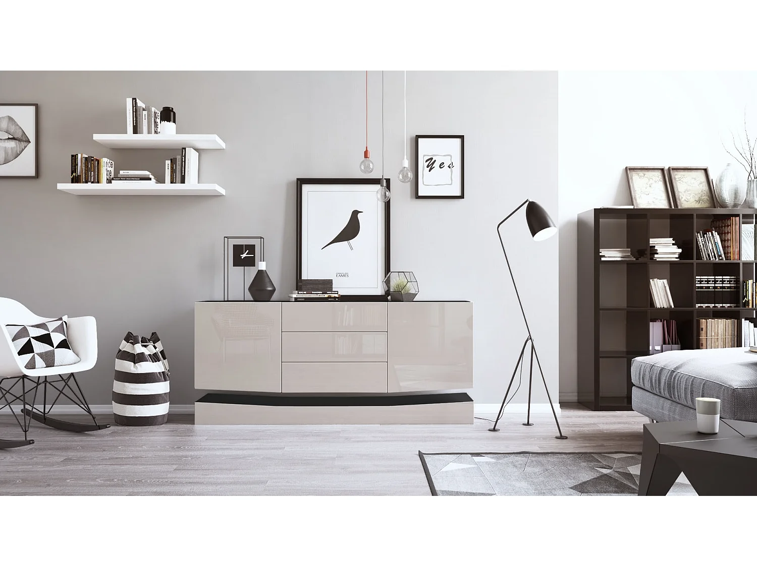 Vladon Sideboard City, nero opaco/grigio sabbia lucido - Cassettiera moderna per la zona giorno (178 x 72 x 38 cm)