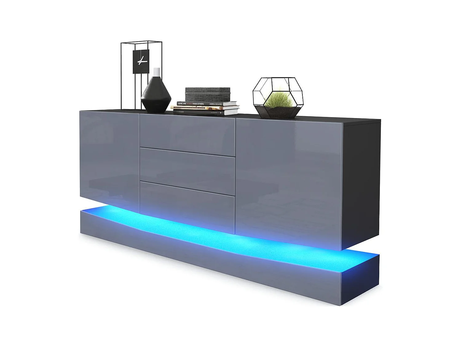 Sideboard City, noir mat/gris haute brillance y compris LED - Commode moderne pour votre salon (178 x 72 x 38 cm)