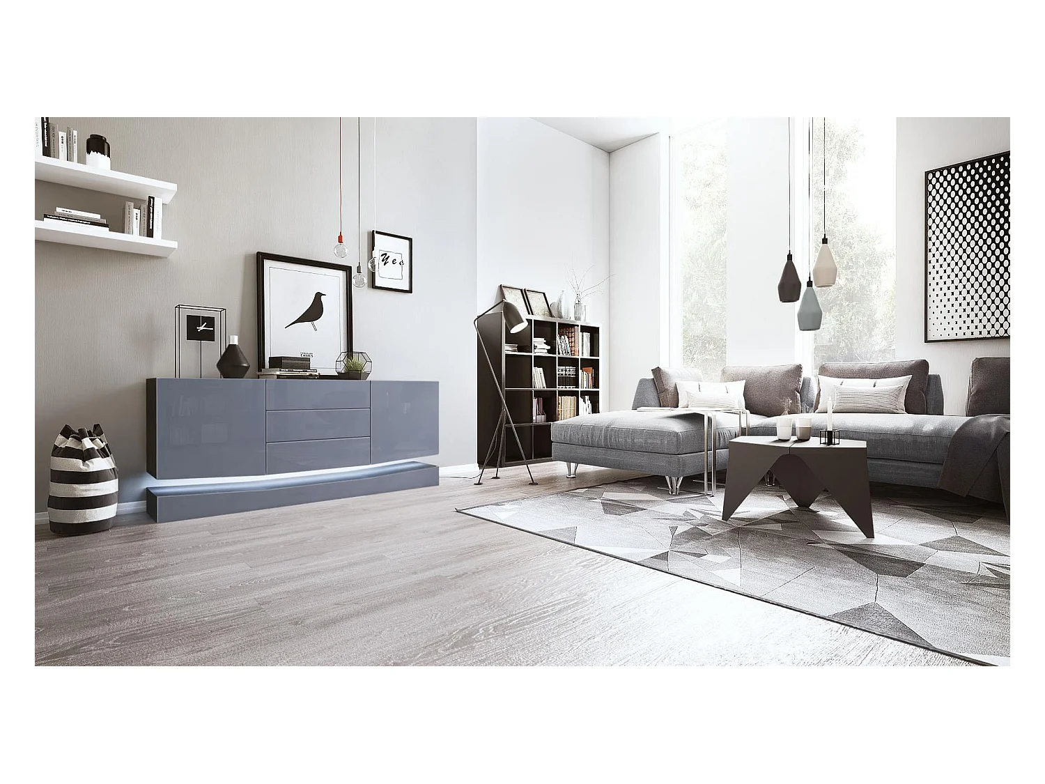 Sideboard City, noir mat/gris haute brillance y compris LED - Commode moderne pour votre salon (178 x 72 x 38 cm)